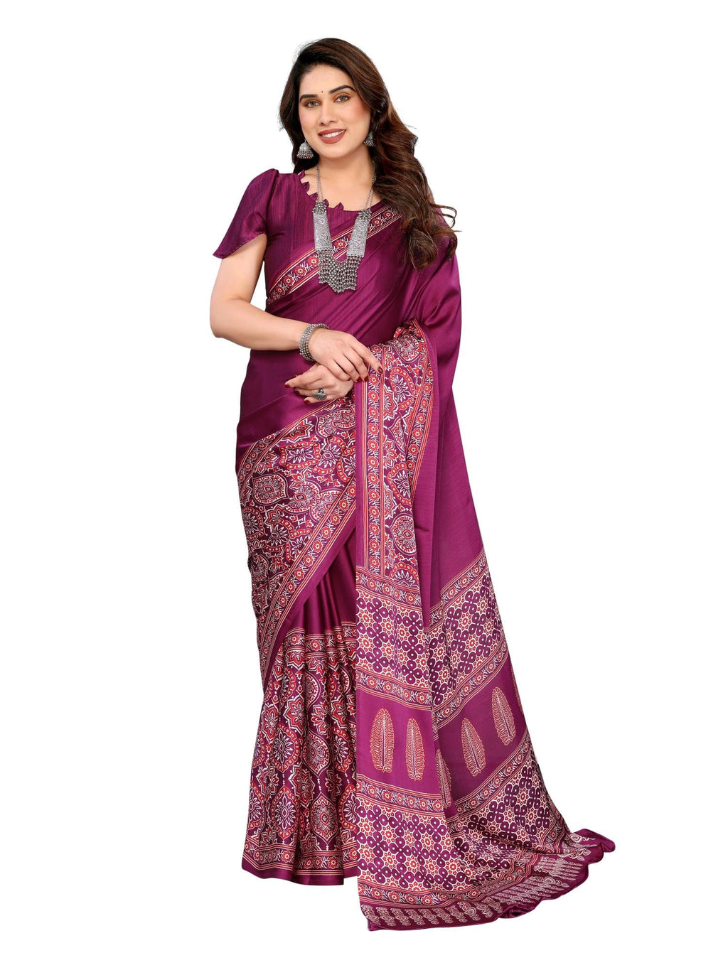 Royal Ethnic | Women's Semi Gajji Ajrakh Bandhej Saree | 5.5m Saree + 0.8m Blouse | Traditional Print | Elegant Drape - Royal Ethnic