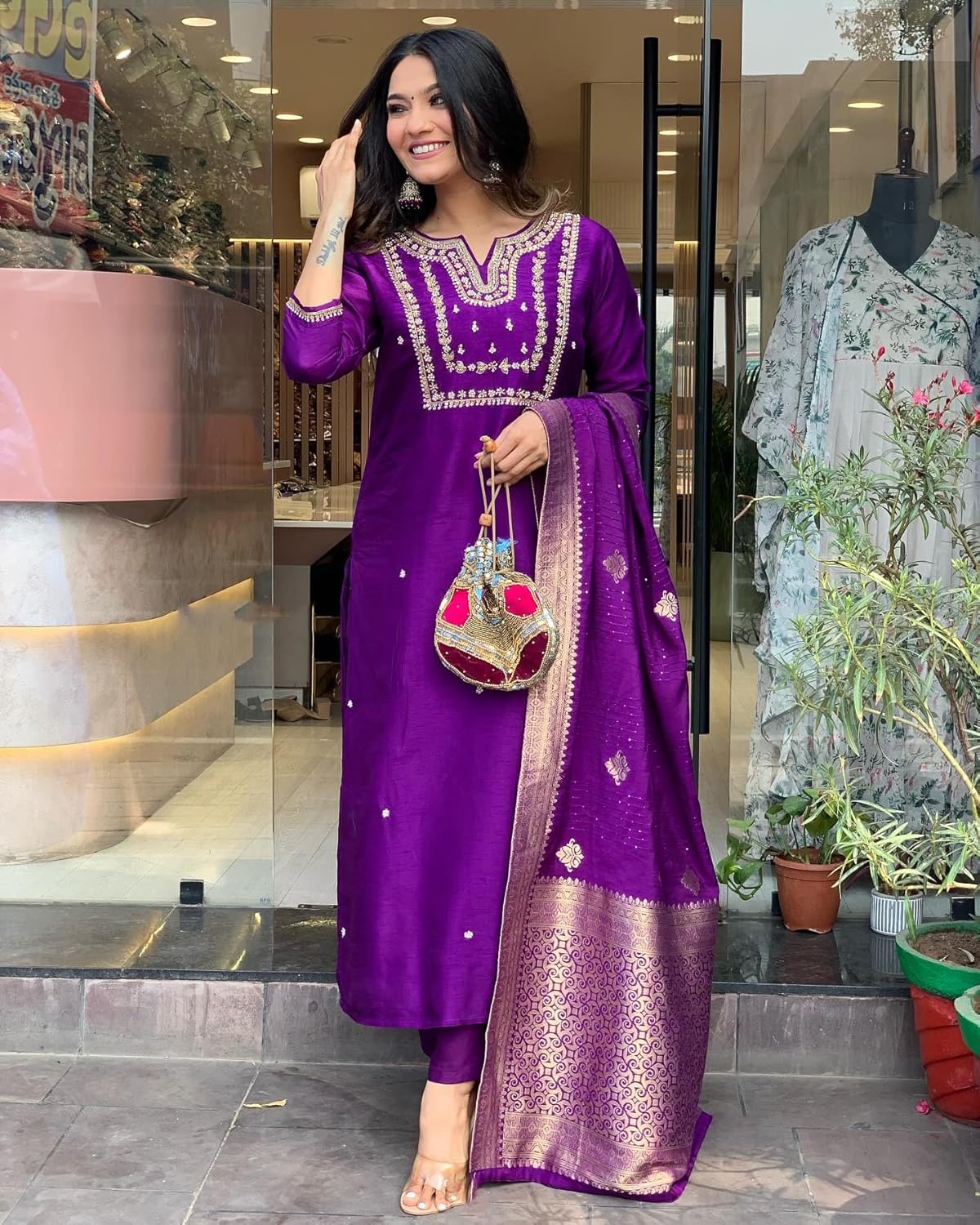 GoSriKi Women's Silk Blend Straight Embroidered Kurta with Pant & Dupatta