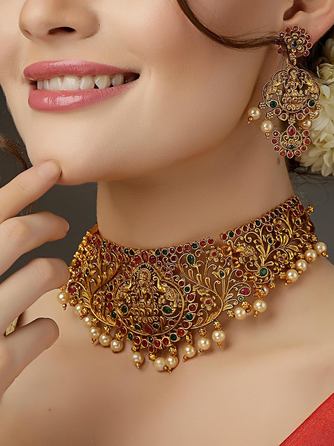 Royal Ethnic | Women's Pearl Choker Temple Necklace Set | 22k Gold Plated | Traditional Festive Wear | Wedding Style - Royal Ethnic