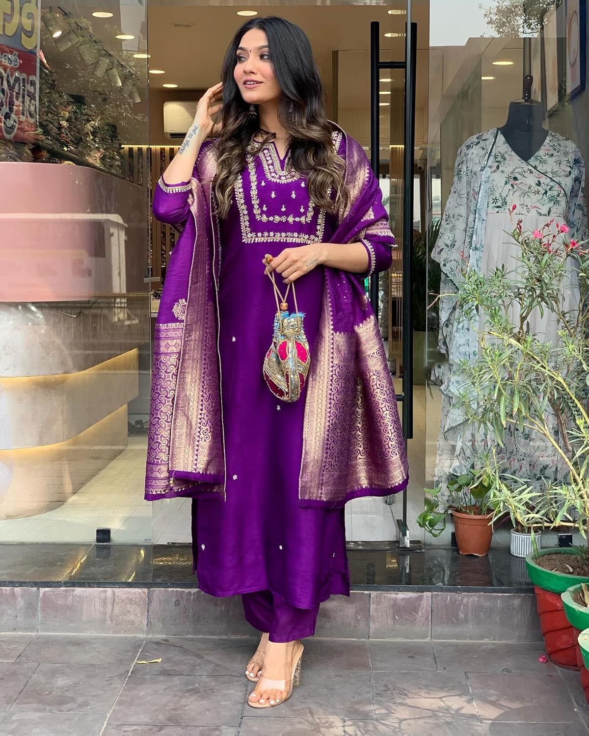 GoSriKi Women's Silk Blend Straight Embroidered Kurta with Pant & Dupatta