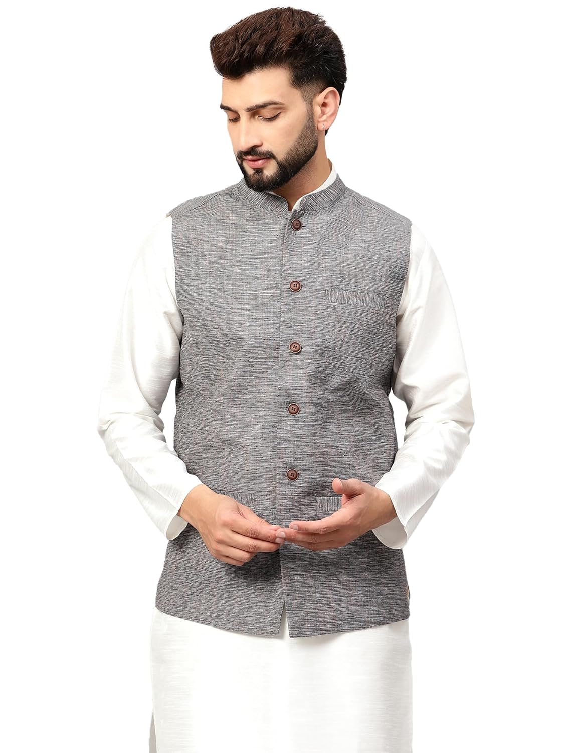 Royal Ethnic | Men's Traditional Cotton Nehru Jacket | Solid Color | Sleeveless Waistcoat | Festive Wear | Elegant Look - Royal Ethnic