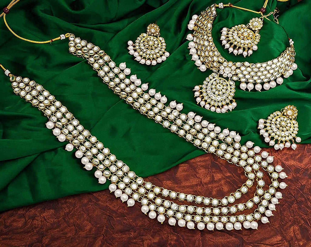 Royal Ethnic Traditional 18K Gold Plated Kundan & Pearl Studded Bridal Choker Necklace Set with Earrings & Maang Tikka - Royal Ethnic