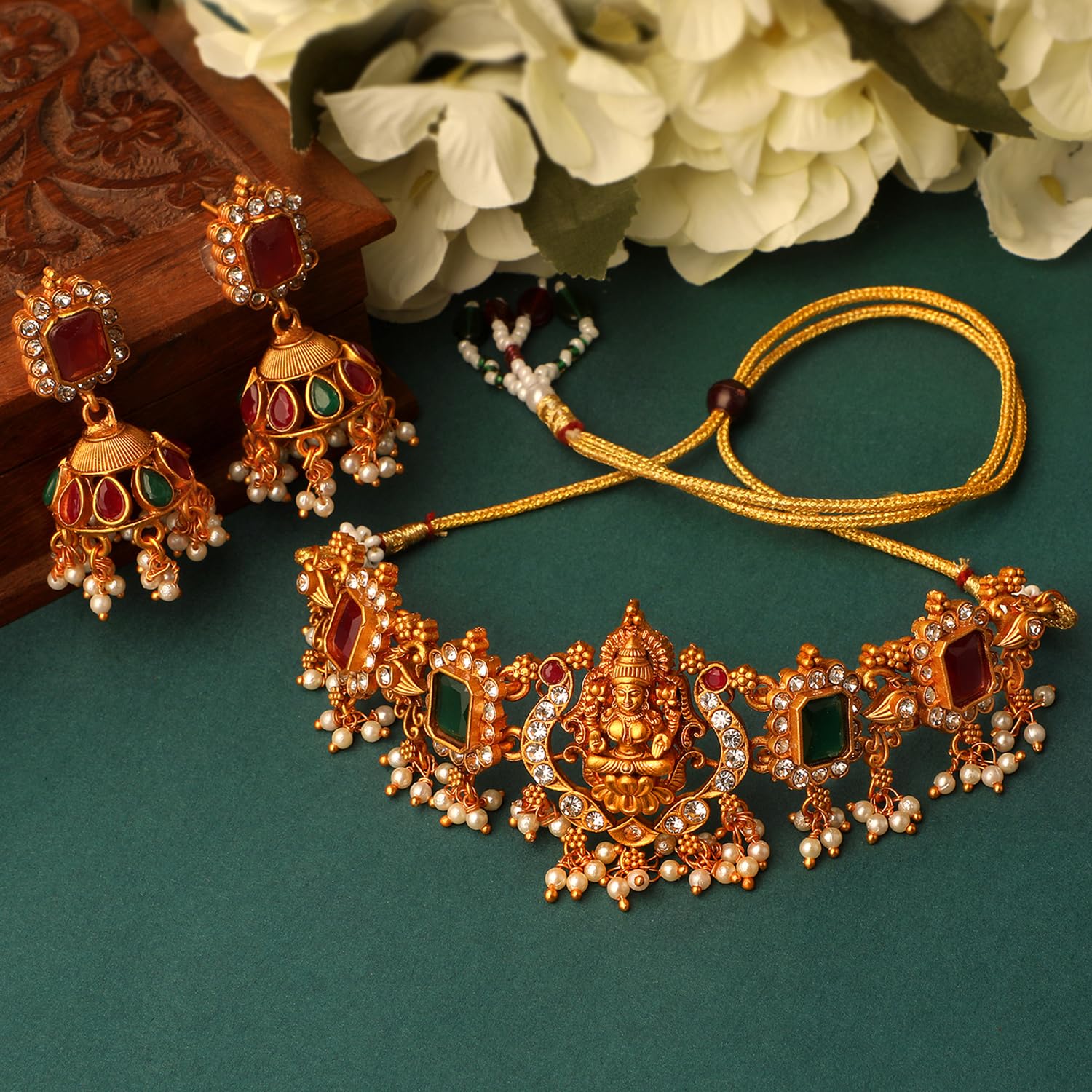 Royal Ethnic | Women's Pearl Choker Temple Necklace Set | 22k Gold Plated | Traditional Festive Wear | Wedding Style - Royal Ethnic