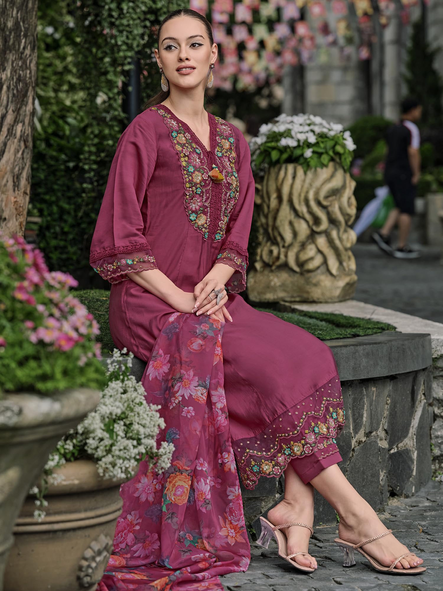 Royal Ethnic Womens Silk Blend Embroidered A Line Kurta Pant with Dupatta Set Stylish Festive Designer Party Wear Outfit - Royal Ethnic