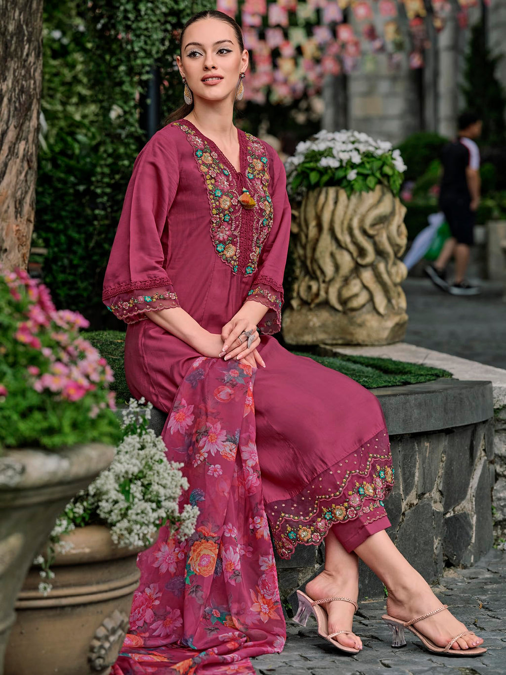 Royal Ethnic Womens Silk Blend Embroidered A Line Kurta Pant with Dupatta Set Stylish Festive Designer Party Wear Outfit - Royal Ethnic