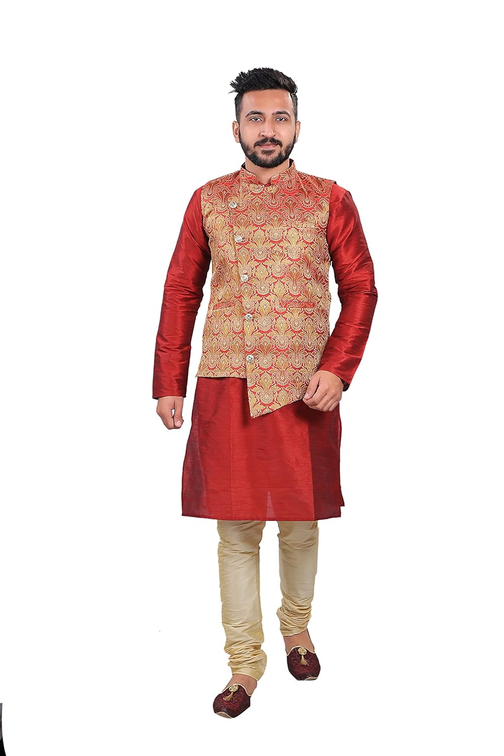 Royal Ethnic | Men's Silk Kurta Pajama Set | Nehru Jacket Waistcoat | Banarasi Style | Festive Wear | Elegant Look - Royal Ethnic