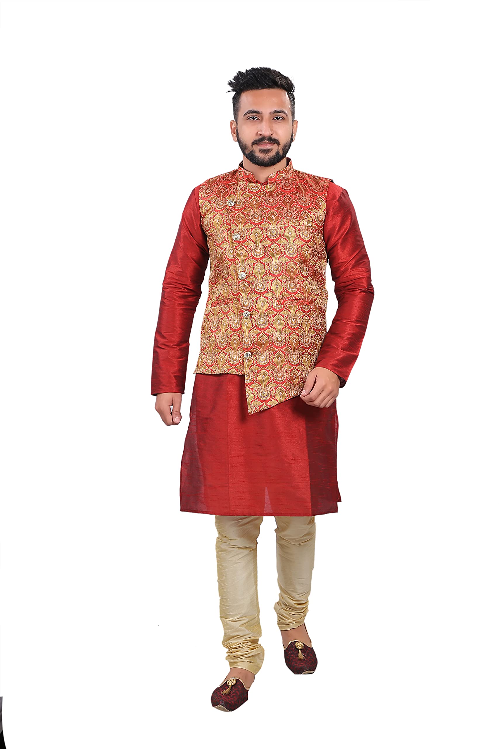 Royal Ethnic | Men's Silk Kurta Pajama Set | Nehru Jacket Waistcoat | Banarasi Style | Festive Wear | Elegant Look - Royal Ethnic