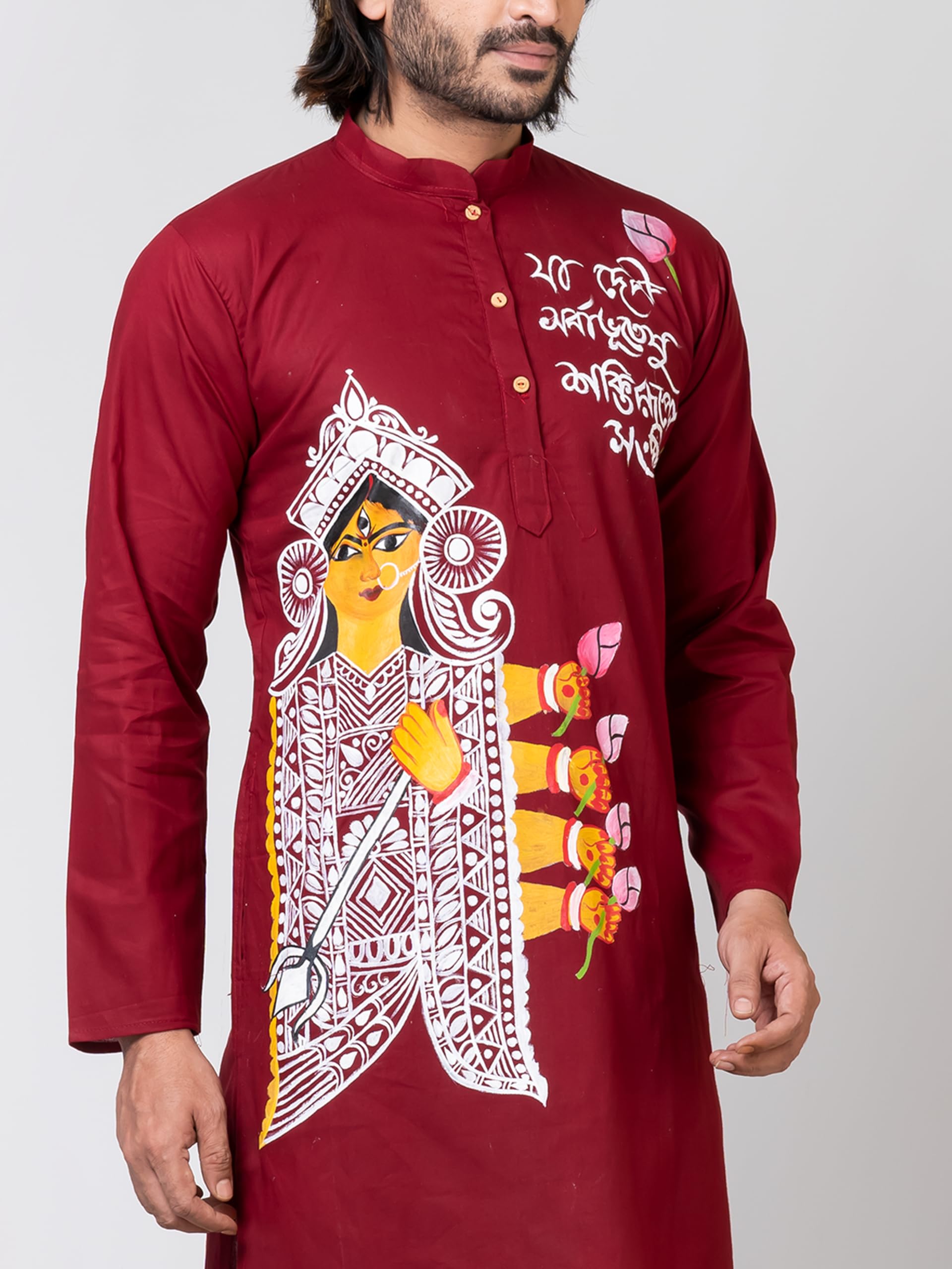 Royal Ethnic | Men's Maroon Cotton Kurta | Dussehra & Durga Puja Special | Full Sleeves | Traditional Fit | Festive Wear - Royal Ethnic