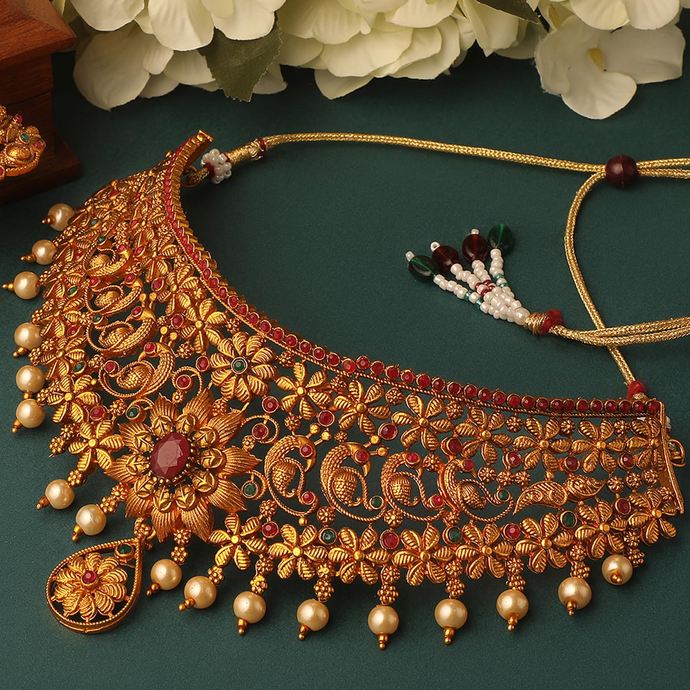 Royal Ethnic | Women's Pearl Choker Temple Necklace Set | 22k Gold Plated | Traditional Festive Wear | Wedding Style - Royal Ethnic