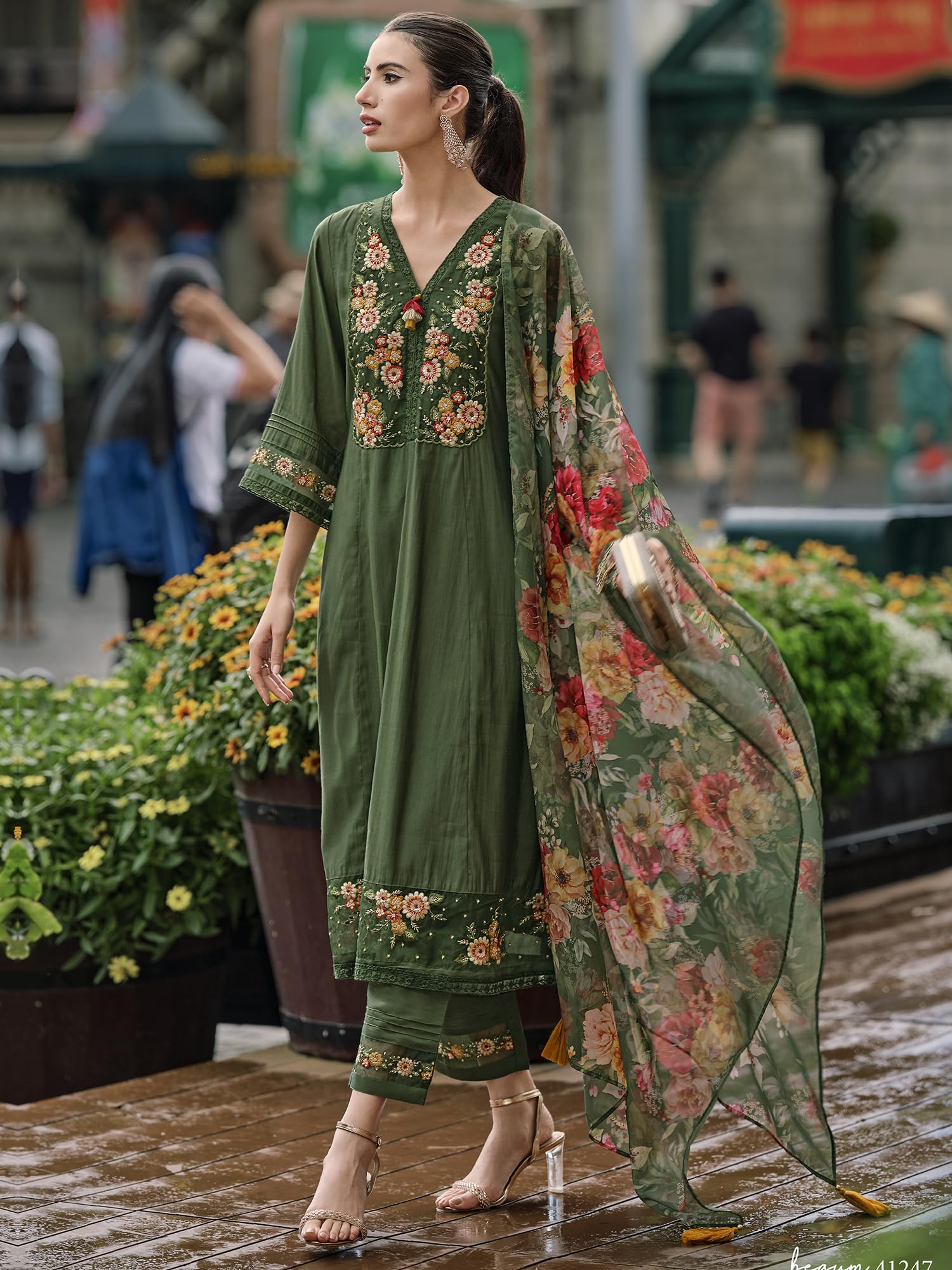 Royal Ethnic Womens Silk Blend Embroidered A Line Kurta Pant with Dupatta Set Stylish Festive Designer Party Wear Outfit