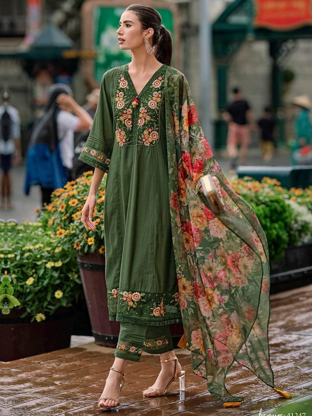 Royal Ethnic Womens Silk Blend Embroidered A Line Kurta Pant with Dupatta Set Stylish Festive Designer Party Wear Outfit - Royal Ethnic