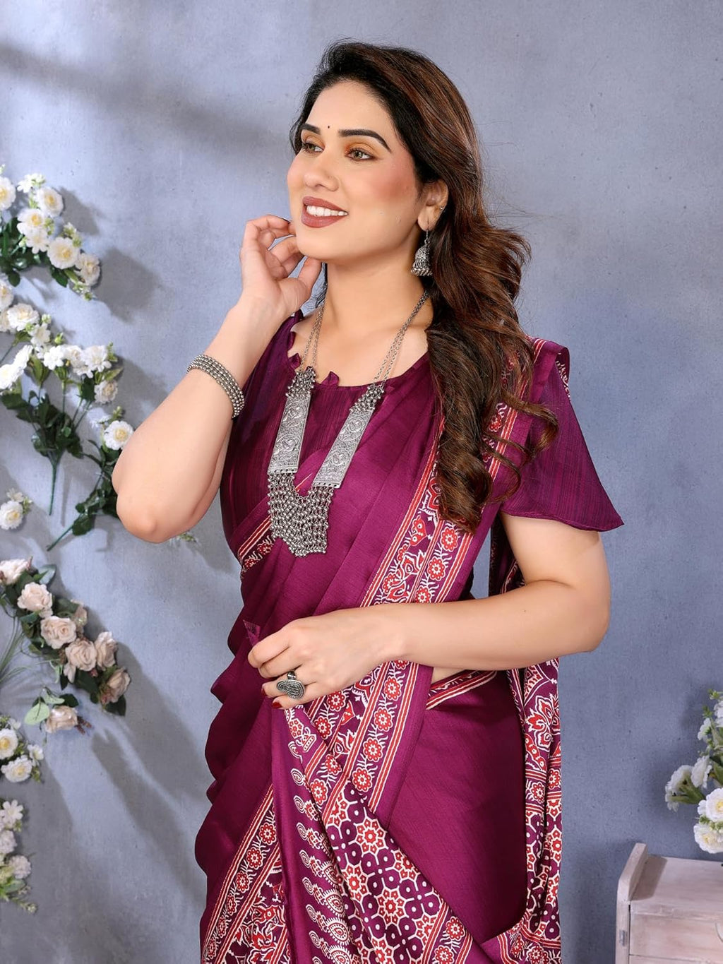 Royal Ethnic | Women's Semi Gajji Ajrakh Bandhej Saree | 5.5m Saree + 0.8m Blouse | Traditional Print | Elegant Drape - Royal Ethnic