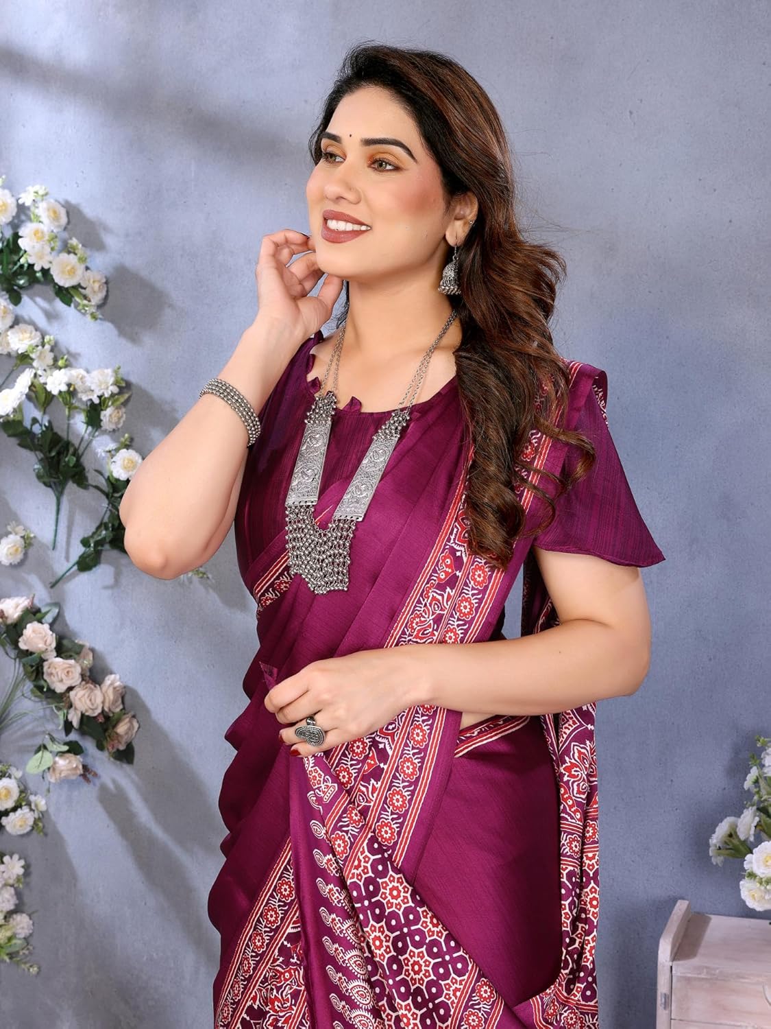 Royal Ethnic | Women's Semi Gajji Ajrakh Bandhej Saree | 5.5m Saree + 0.8m Blouse | Traditional Print | Elegant Drape - Royal Ethnic