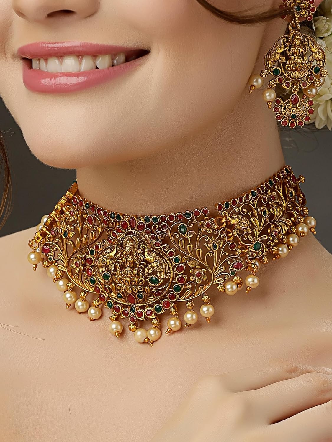 Royal Ethnic | Women's Pearl Choker Temple Necklace Set | 22k Gold Plated | Traditional Festive Wear | Wedding Style - Royal Ethnic