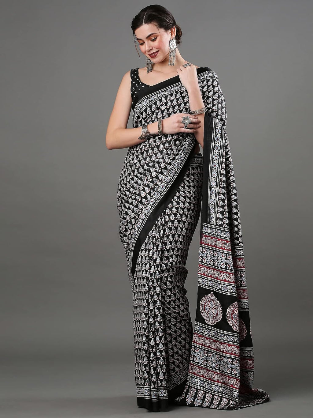 Royal Ethnic | Women's Ajrak Block Print Saree | Dola Silk Fabric | 5.5m Saree + 0.8m Blouse | Traditional | Festive Wear - Royal Ethnic