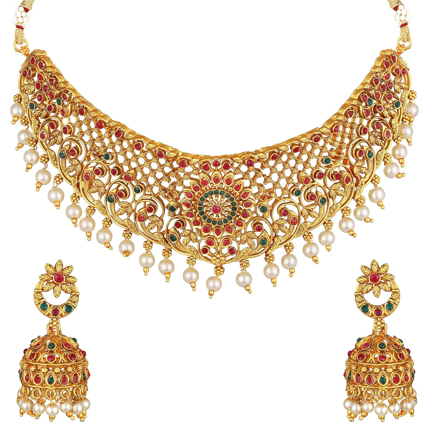 Royal Ethnic | Women's Pearl Choker Temple Necklace Set | 22k Gold Plated | Traditional Festive Wear | Wedding Style - Royal Ethnic
