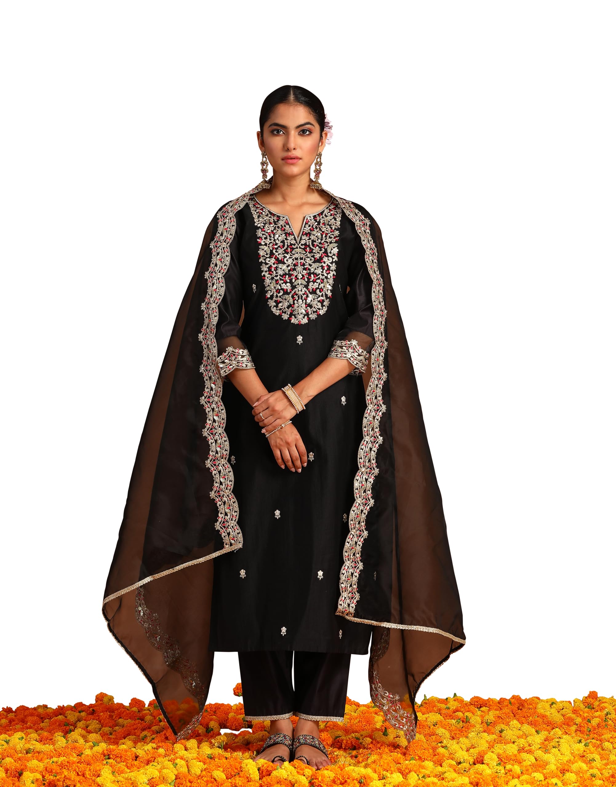 Royal Ethnic | Women's Viscose Embroidered Kurta Pant Dupatta Set | Straight Fit | 3/4 Sleeves | Festive & Elegant Wear