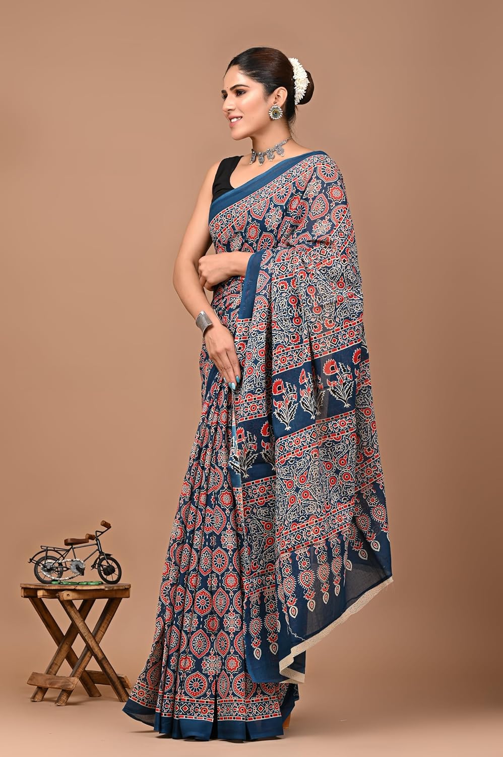Royal Ethnic Hand Block Ajrakh Print Cotton Saree for Women with Blouse | Soft Comfortable Wear Sari - Royal Ethnic