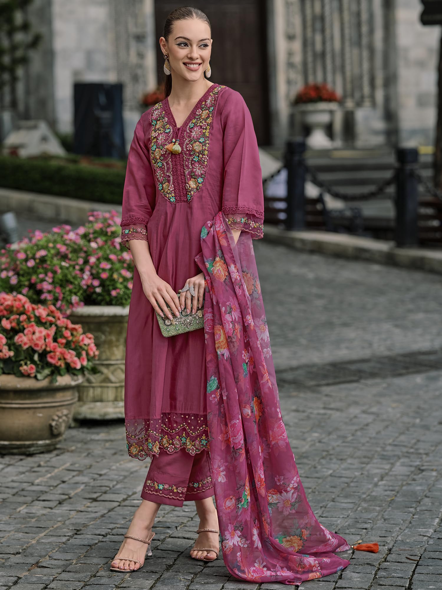 Royal Ethnic Womens Silk Blend Embroidered A Line Kurta Pant with Dupatta Set Stylish Festive Designer Party Wear Outfit - Royal Ethnic