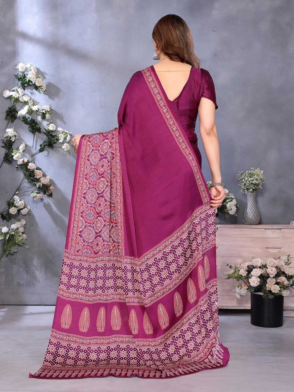 Royal Ethnic | Women's Semi Gajji Ajrakh Bandhej Saree | 5.5m Saree + 0.8m Blouse | Traditional Print | Elegant Drape - Royal Ethnic