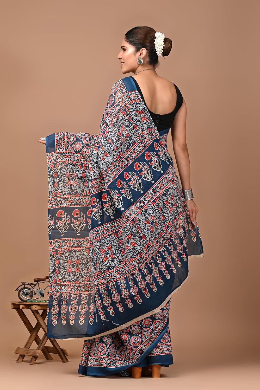 Royal Ethnic Hand Block Ajrakh Print Cotton Saree for Women with Blouse | Soft Comfortable Wear Sari - Royal Ethnic