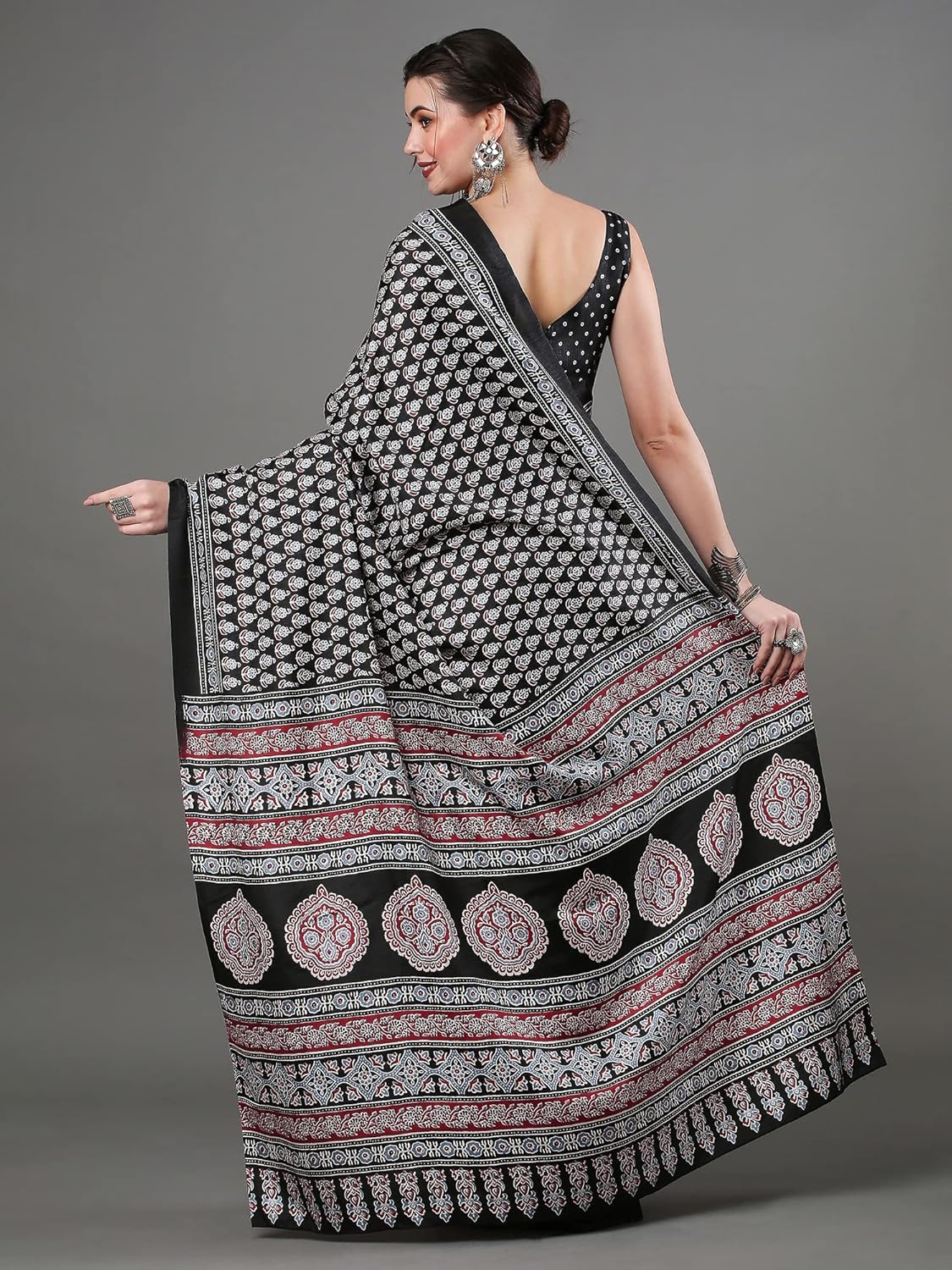 Royal Ethnic | Women's Ajrak Block Print Saree | Dola Silk Fabric | 5.5m Saree + 0.8m Blouse | Traditional | Festive Wear - Royal Ethnic