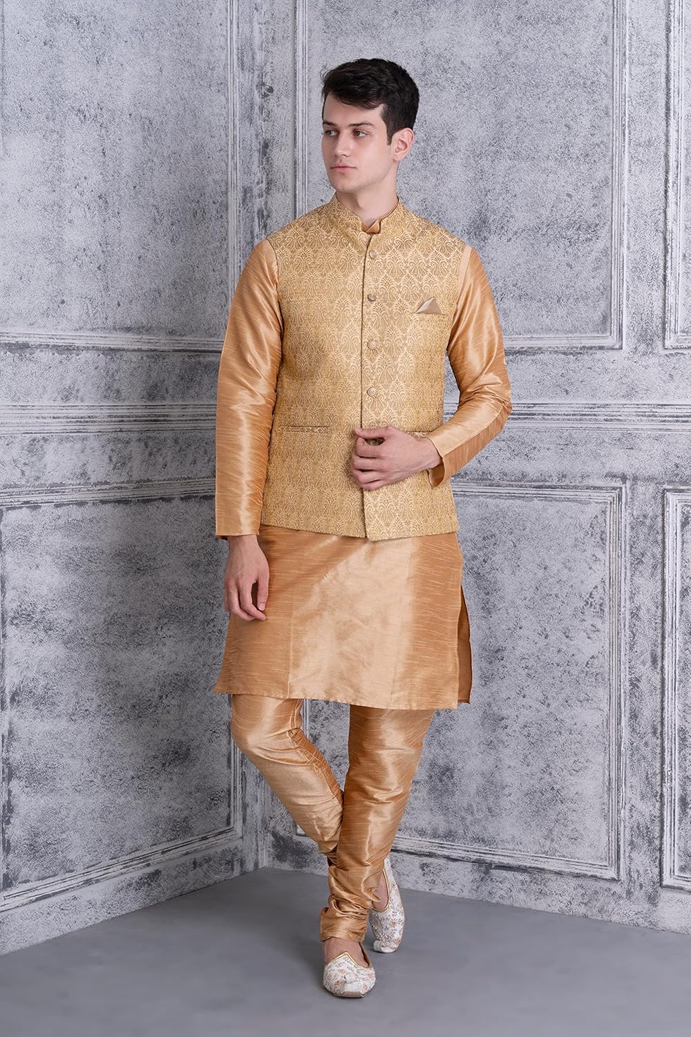Royal Ethnic | Men's Silk Blend Kurta Churidar Set | Bundi Nehru Jacket Waistcoat | Festive Wear | Elegant Traditional - Royal Ethnic
