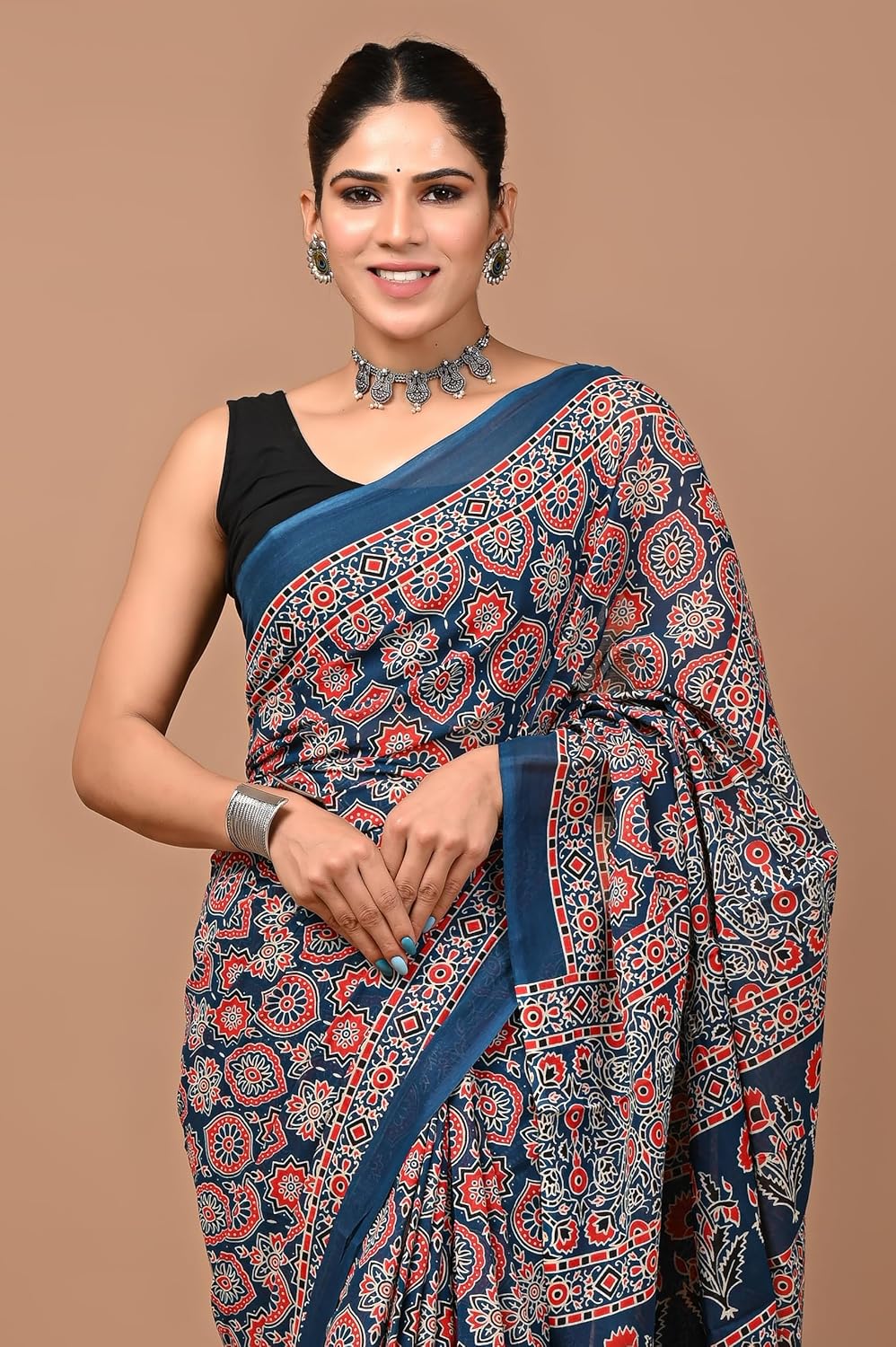Royal Ethnic Hand Block Ajrakh Print Cotton Saree for Women with Blouse | Soft Comfortable Wear Sari - Royal Ethnic