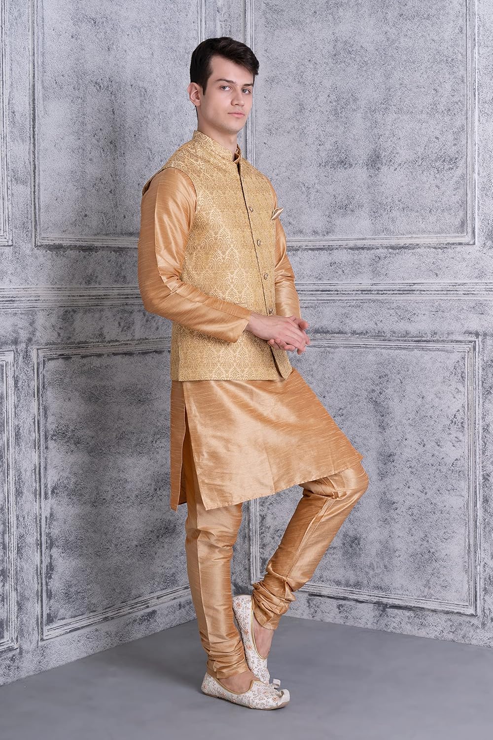 Royal Ethnic | Men's Silk Blend Kurta Churidar Set | Bundi Nehru Jacket Waistcoat | Festive Wear | Elegant Traditional - Royal Ethnic